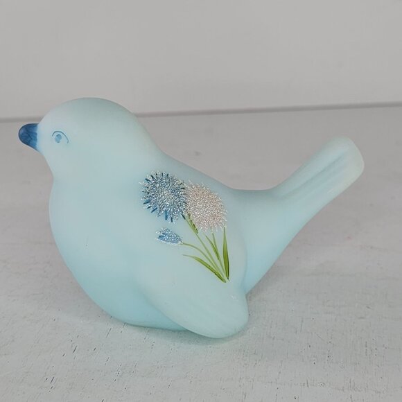 Fenton Painted Blue Satin Glass Bird Figurine Floral Design Signed Pam Miller - Picture 3 of 8